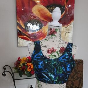 Floral Print Crop Swimwear Tank Top - Blue & Green